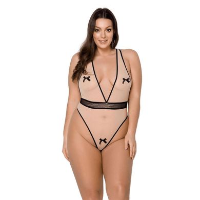 Боді Passion Viena Body 4XL/5XL beige, контрастне, бантики, вставка-сітка, відкриті сідниці SO7111 фото