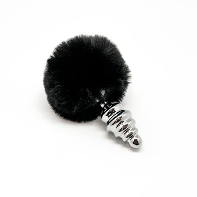 Металлическая анальная пробка Кроличий хвостик Alive Fluffy Twist Plug M Black, диаметр 3,4 см SO6309 фото