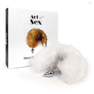 Металева анальна пробка з хвостом із натурального хутра Art of Sex size M White fox SO6184 фото